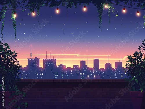 Urban rooftop garden horizon, evening display, fairy lights, flat design illustration photo