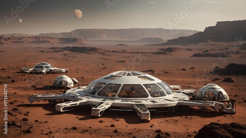 Mars Colonization Designs. Showcasing designs & plans for future Mars colonization, featuring habitats, rovers & human activities on the Martian surface as envisioned by space agencies. photo