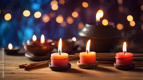 Glowing candlelight softly illuminates lit joss sticks looking nice background  photo