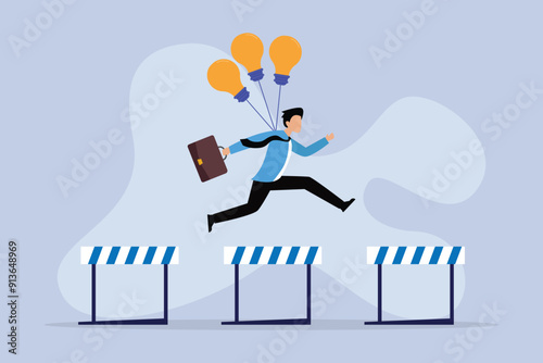 A Business Professional Jumps Over Hurdles with Light Balloons 2d flat vector illustration