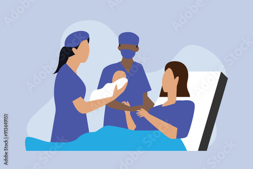 Doctor gives spirit to mother carrying baby her newborn child. After labor in hospital. Medical performing cesarean sections 2d flat vector illustration