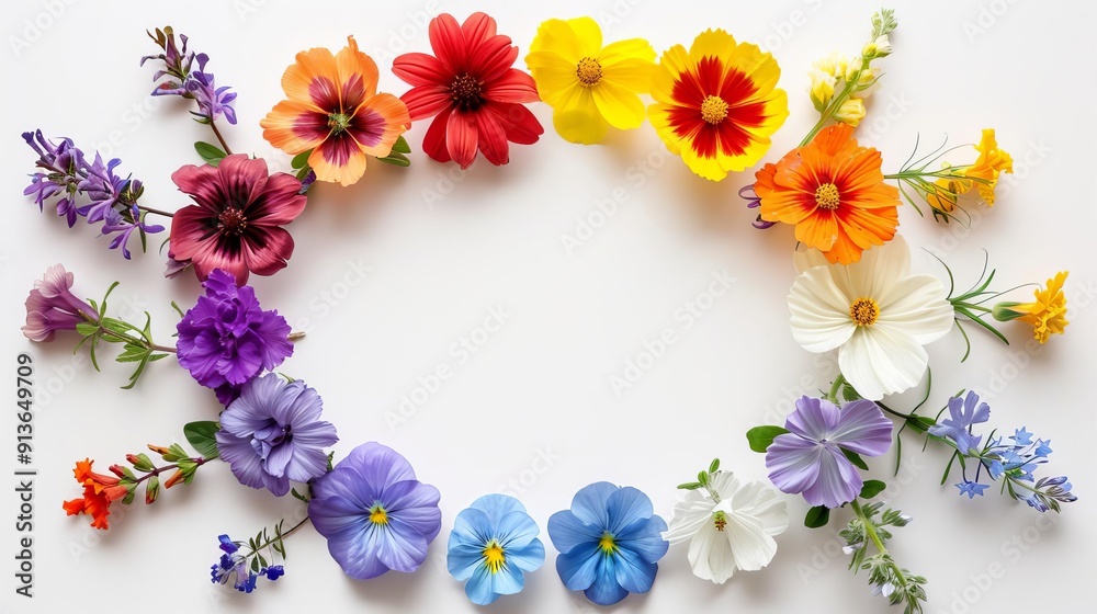 A circle of rainbow flowers, botanical element, watercolor style, vibrant colors, isolated on white background A circle of rainbow flowers, botanical element, watercolor style, vibrant colors, isolated on white background