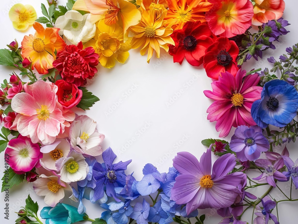 A circle of rainbow flowers, botanical composition, whimsical style, rainbow spectrum, isolated on white background A circle of rainbow flowers, botanical composition, whimsical style, rainbow spectrum, isolated on white background