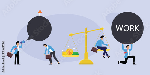 Balance scale measure harmony between work, career and sleep 2d flat vector illustration
