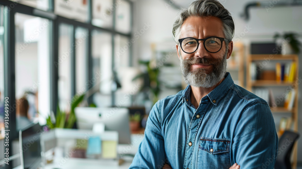Obraz premium Portrait of a handsome, stately man in casual clothes standing in the office of a modern office. Office worker looking at camera indoors. Lifestyle.