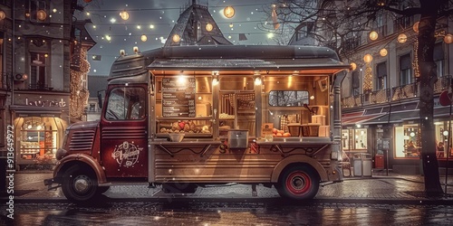 Vintage food truck parked on a wet cobblestone street.