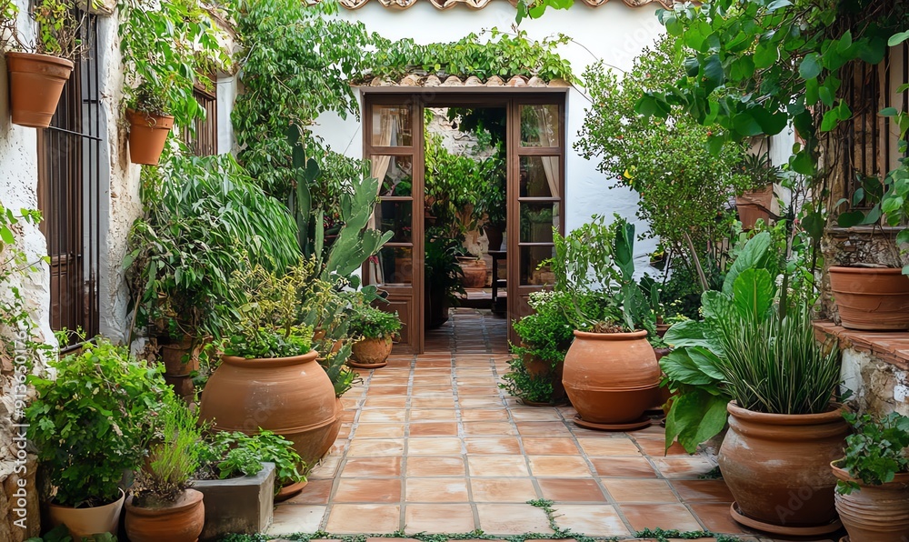 Fototapeta premium Terracotta Pots and Plants in a Courtyard Garden