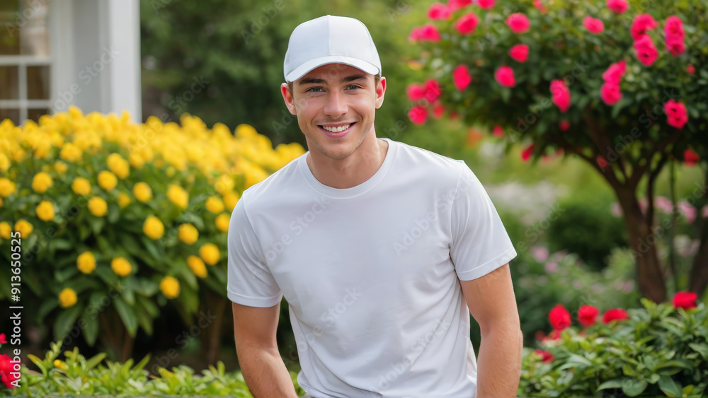 Young man wearing white t-shirt and white baseball cap standing in the garden Young man wearing white t-shirt and white baseball cap standing in the garden