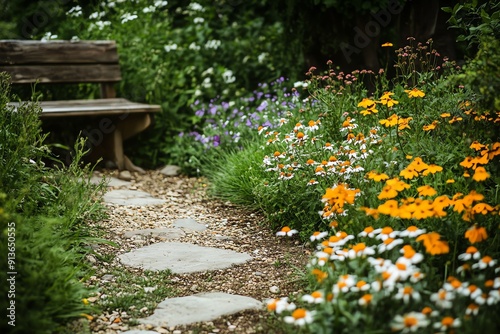 Wallpaper Mural Garden Path with Wooden Bench and Blooming Flowers Torontodigital.ca