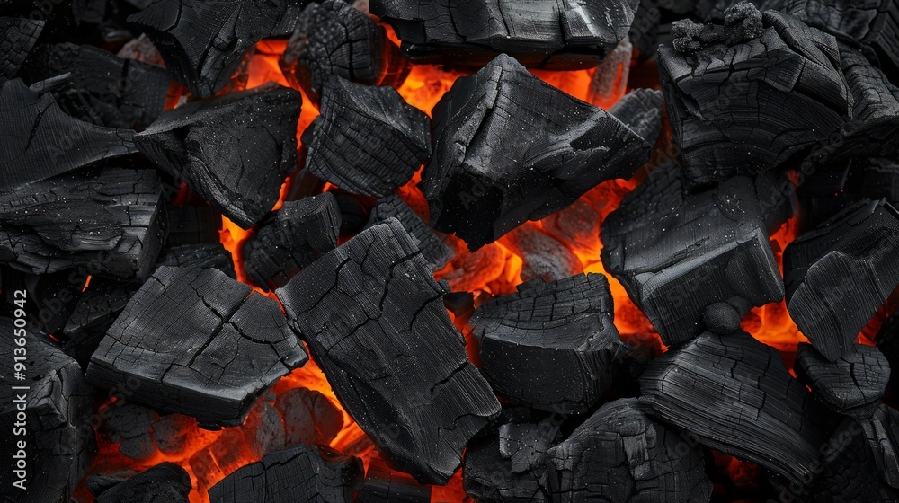 Burning charcoal for barbecue on black. Food background or texture, close-up, top view. Burning charcoal for barbecue on black. Food background or texture, close-up, top view.