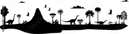 Prehistoric dinosaurs silhouettes on Jurassic landscape background, vector cutout lizards. Cartoon prehistoric dinosaurs silhouettes in jungle forest park with T-rex, brontosaur and pterodactyl