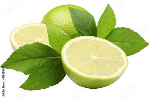 Freshly Cut Limes Surrounded by Green Leaves on a Bright Background in Natural Light on Transparent PNG Background.