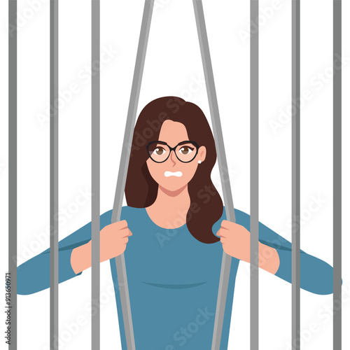 Young woman prisoner breaks bars wanting to be released from captivity. Flat Vector Illustration Isolated on White Background