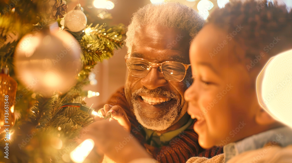 A grandfather and his grandson share laughter and joy as they decorate a Christmas tree, illuminated by warm lights, creating a festive atmosphere A grandfather and his grandson share laughter and joy as they decorate a Christmas tree, illuminated by warm lights, creating a festive atmosphere