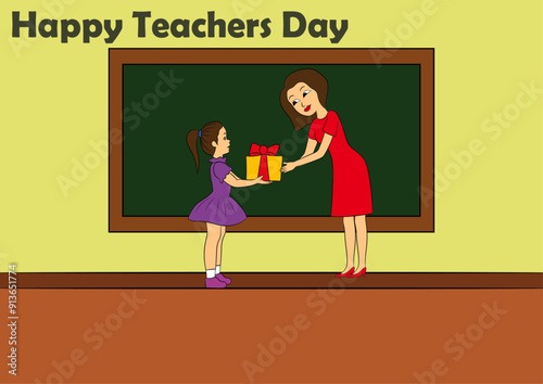 Vector illustration of student giving gift to her teacher on Teacher Day.