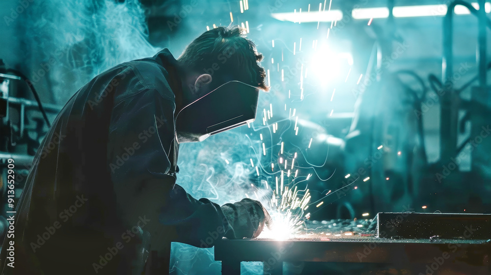 A welder expertly works in a dim workshop, surrounded by bright sparks and glowing light while crafting stainless steel with precision and skill A welder expertly works in a dim workshop, surrounded by bright sparks and glowing light while crafting stainless steel with precision and skill