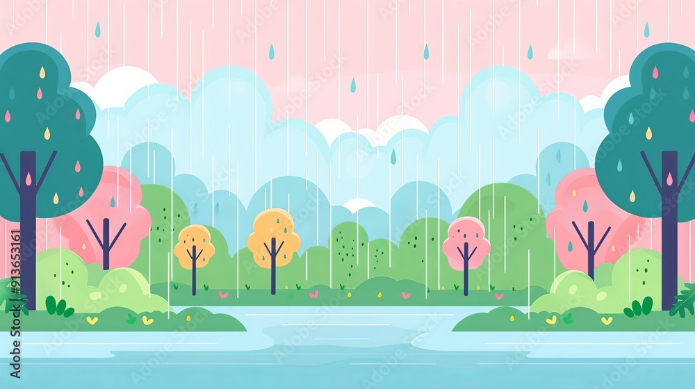 Fototapeta premium Downpour in park, puddles forming patterns, flat design illustration