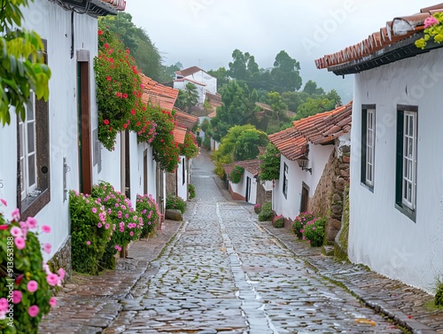 Drizzle on a quiet village with cobblestone streets, landscape, historic charm