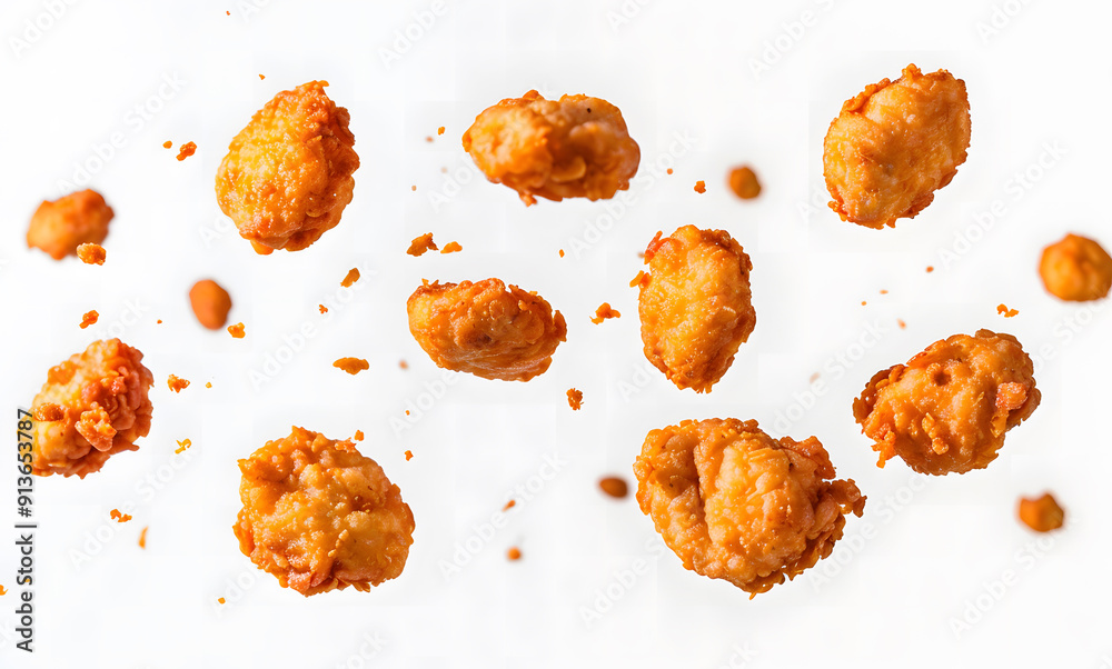 Fried chicken nuggets falling in the air on a white background design Fried chicken nuggets falling in the air on a white background design