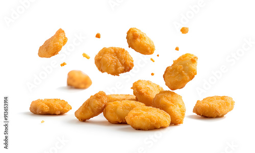 Fried chicken nuggets falling in the air on a white background design