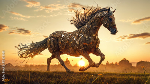 Majestic metallic horse sculpture gallops across sun-drenched field at golden hour, its intricate leaf-patterned body gleaming against dramatic sunset sky, embodying freedom and artistry