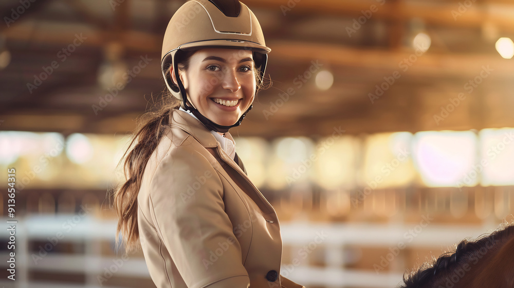 Young woman in a riding helmet smiling while sitting on a horse, indoor equestrian training environment, sunlight streaming through windows Young woman in a riding helmet smiling while sitting on a horse, indoor equestrian training environment, sunlight streaming through windows