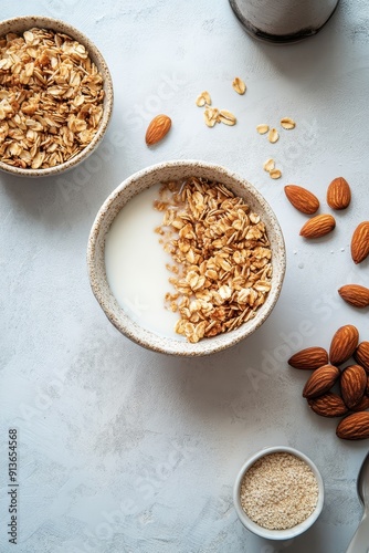 Food shot Granola and almond milk photo