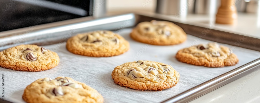 Freshly baked chocolate chip cookies on a tray Freshly baked chocolate chip cookies on a tray