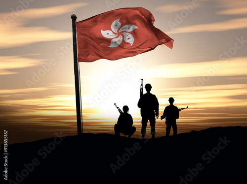 Hong Kong Independence Day, Hong Kong flag with soldiers. Photo Illustration photo