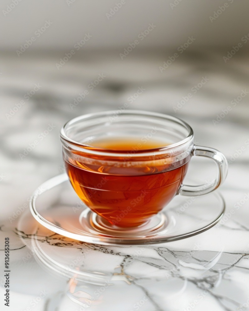 Plum tea in a transparent glass teacup placed on a sleek marble countertop Plum tea in a transparent glass teacup placed on a sleek marble countertop