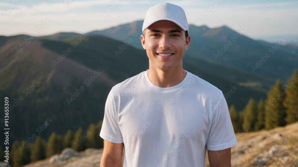 Young man wearing white t-shirt and white baseball cap standing on a mountain Young man wearing white t-shirt and white baseball cap standing on a mountain