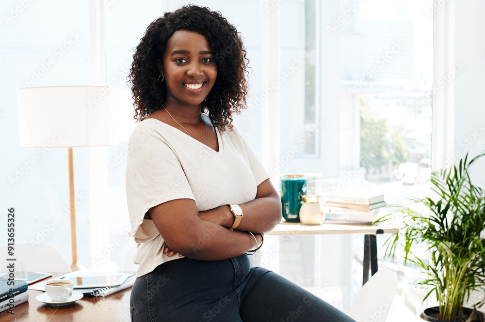 Smile, confidence and portrait of black woman in office with legal advice, support or opportunity at law firm. Lawyer, attorney or happy consultant at desk with arms crossed in project management job