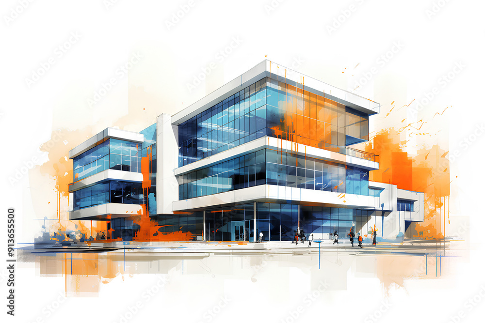 anamorphic Modern corporate building architecture sketch design, orange ...