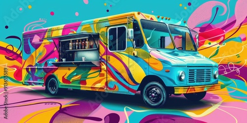 A colorful food truck with abstract designs.