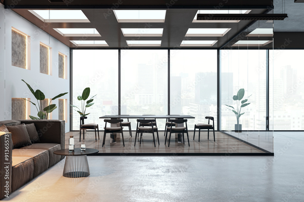 Fototapeta premium Minimalistic conference room interior with panoramic windows and city view. 3D Rendering.