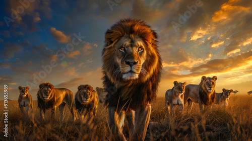A pride of lions walking through a safari at sunset. Wild animals walk through their territory in the open air. Wildlife, animals concept. photo