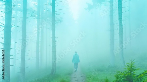Hiking through foggy woods with Brocken spectre, ghostly shadow and halo effect, eerie nature
