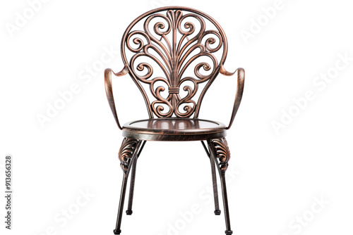 Elegant Wrought Iron Chair With Intricate Design Featured in a Sunlit Café Patio on Transparent PNG Background.