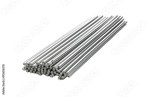 Shiny Steel Rods Neatly Stacked in a Workshop During Late Afternoon Light on Transparent PNG Background.