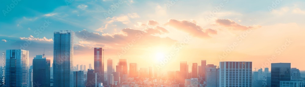 Fototapeta premium Sunrise Over Modern City Skyline