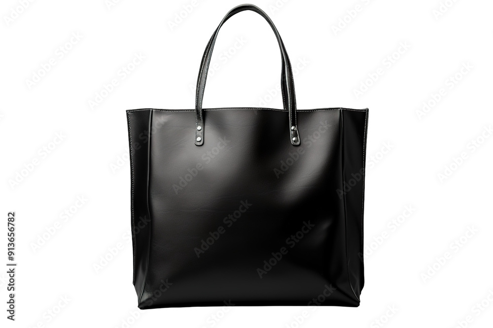 Elegant Black Tote Bag Displayed on a Stylish Surface in Natural Light on Transparent PNG Background.