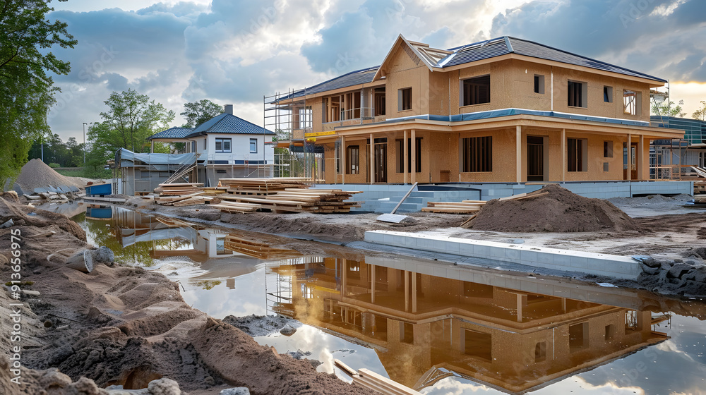 House Under Construction with Reflection in Puddle Photo House Under Construction with Reflection in Puddle Photo