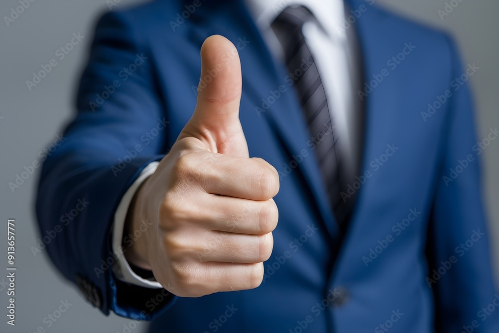 Hand in blue suit giving thumbs up, blurred background
