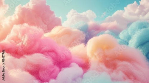 Cotton candy, fluffy clouds resembling cotton candy, rainbow-colored clouds, cozy and soft yarn texture, clouds in the sky