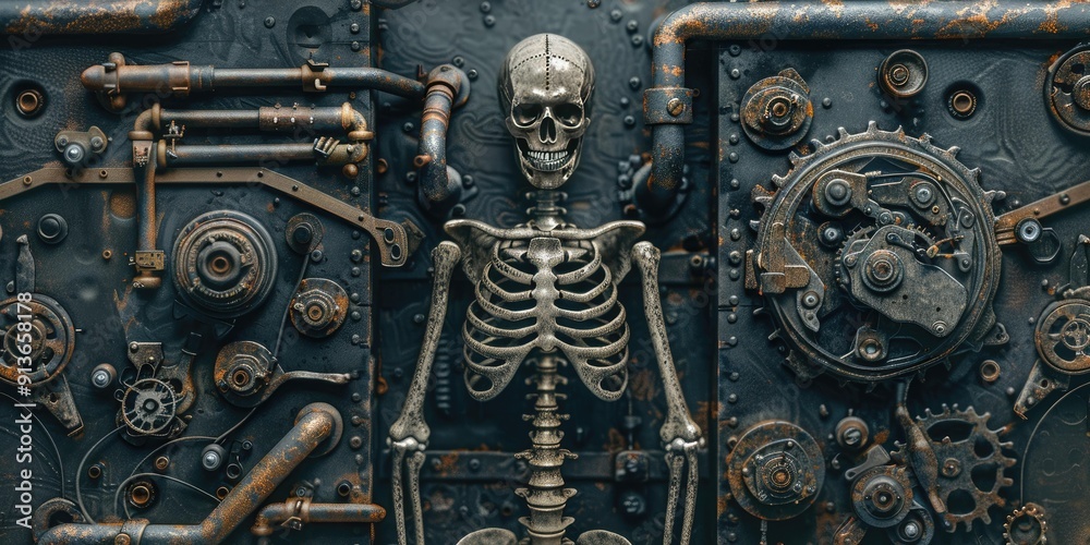 Skeleton on a rusty steampunk background. Skeleton on a rusty steampunk background.