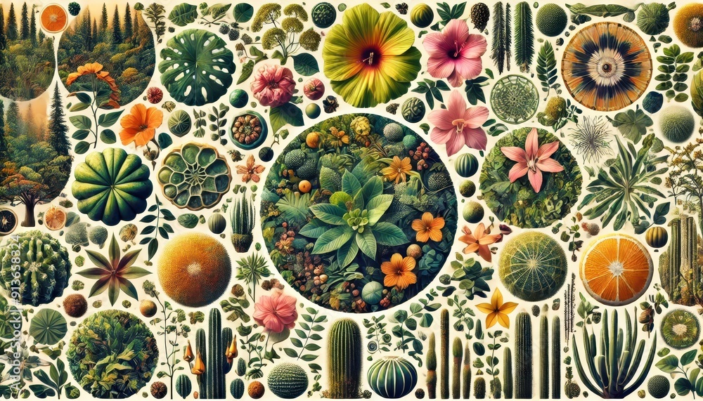 Vibrant Collage of Tropical Plants, Flowers, and Fruits - A Botanical Paradise. Vibrant Collage of Tropical Plants, Flowers, and Fruits - A Botanical Paradise.