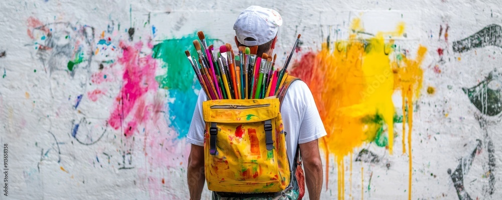 Fototapeta premium Creative artist painting outdoors with vibrant color palette
