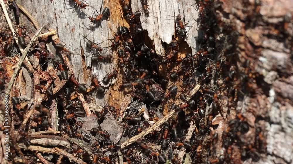 A group of ants are crawling on a log
