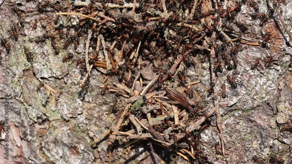 A group of ants are crawling on a log A group of ants are crawling on a log
