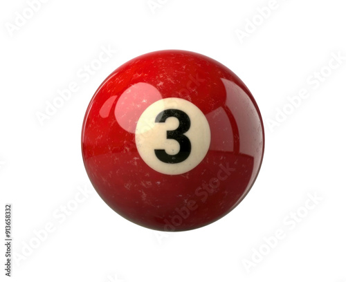 A close-up of a red billiard ball with the number three, isolated on a white background. The ball is glossy and has a slightly textured surface.